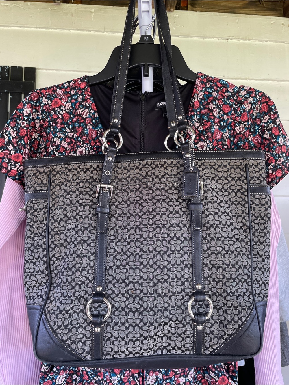 Coach Gray Signature Logo Tote with Black Leather Trim
